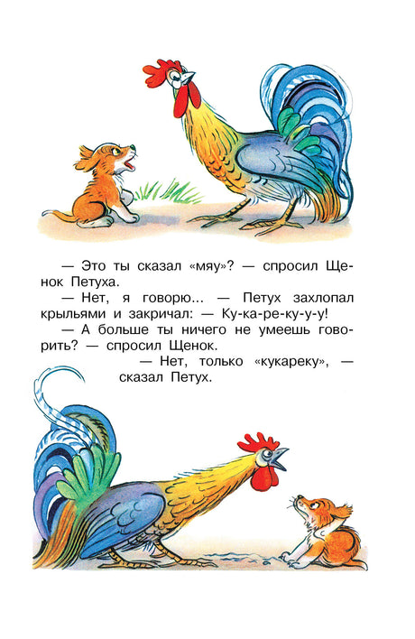 Страница сказки: щенок разговаривает с петухом