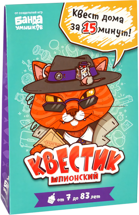 Коробка игры «Квестик шпионский» с котом-шпионом.