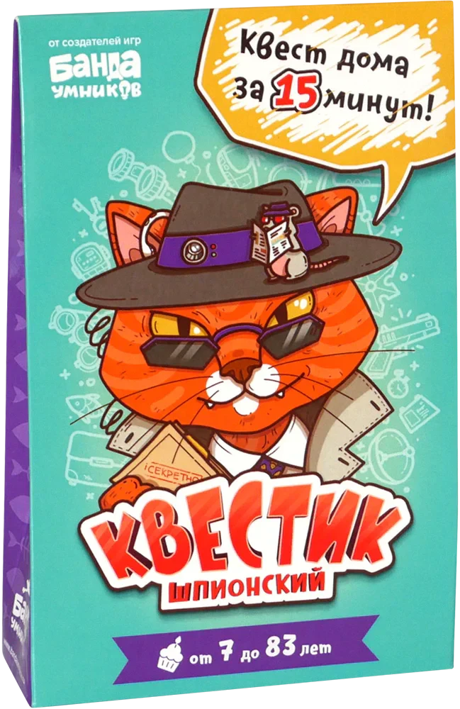 Коробка игры «Квестик шпионский» с котом-шпионом.