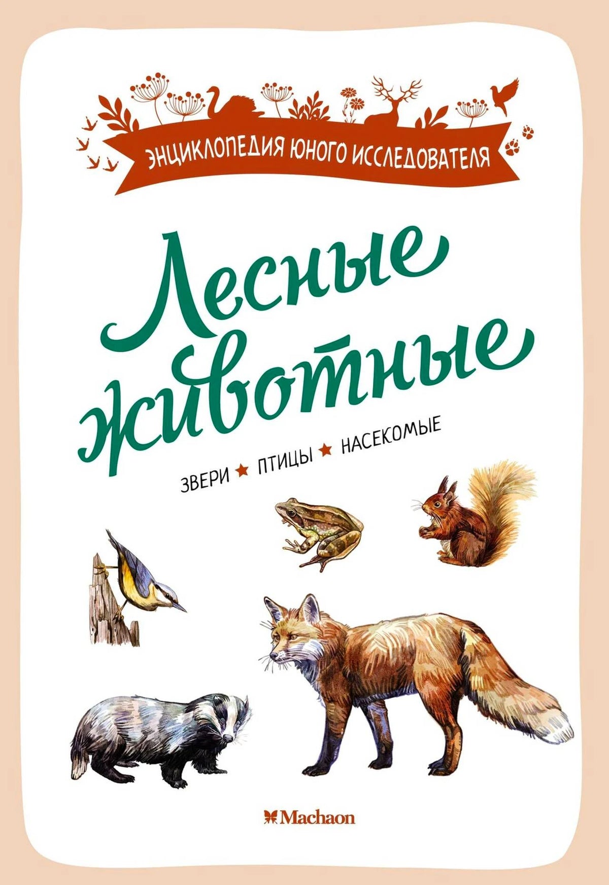 Обложка «Лесные животные» с рисунками лисы, барсука, белки, птицы и лягушки