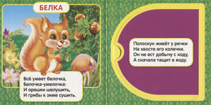 Разворот: страница «Белка» с иллюстрацией белки и стихом, правая страница — фиолетовый клапан-окошко со стихом о полоскуне.