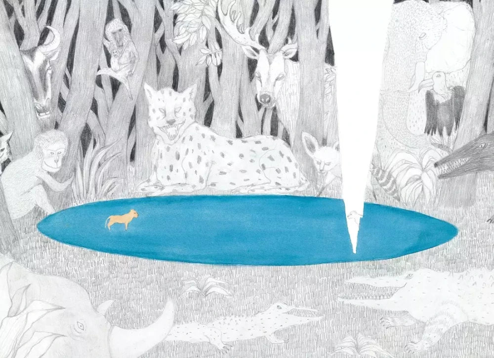Иллюстрация с животными саванны вокруг голубого водоёма