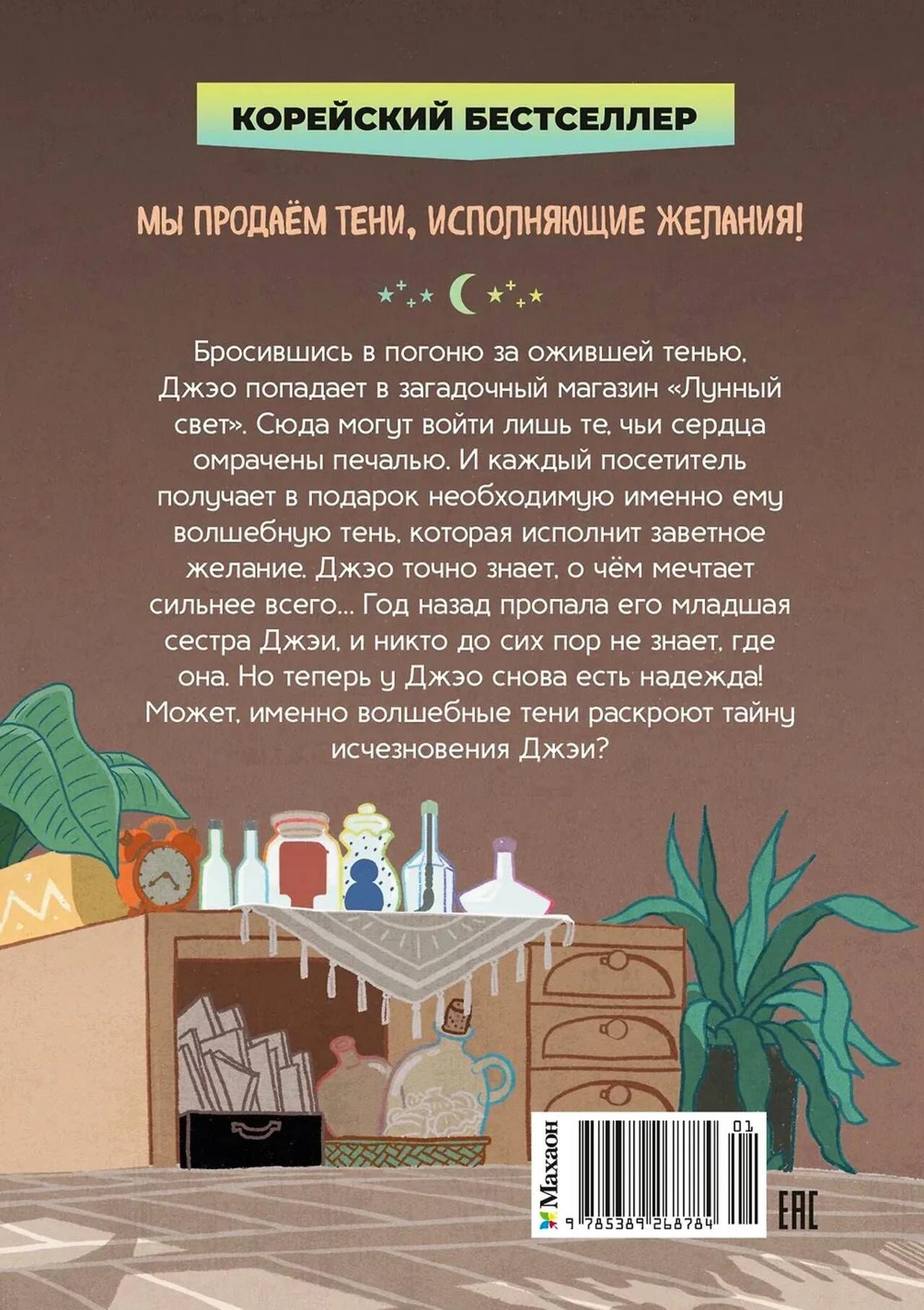 Задняя обложка с аннотацией, штрихкодом и иллюстрацией комнаты магазина.