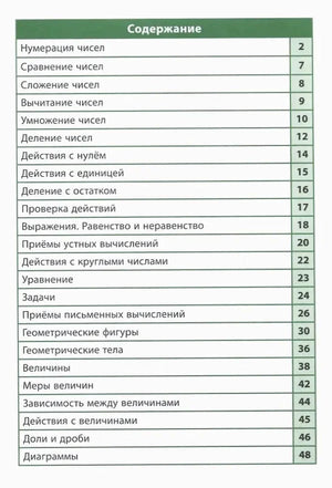 Страница содержания со списком разделов и номерами страниц