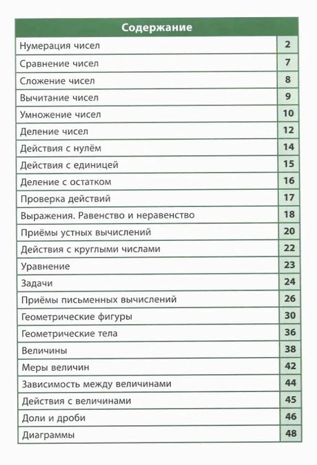 Страница содержания со списком разделов и номерами страниц