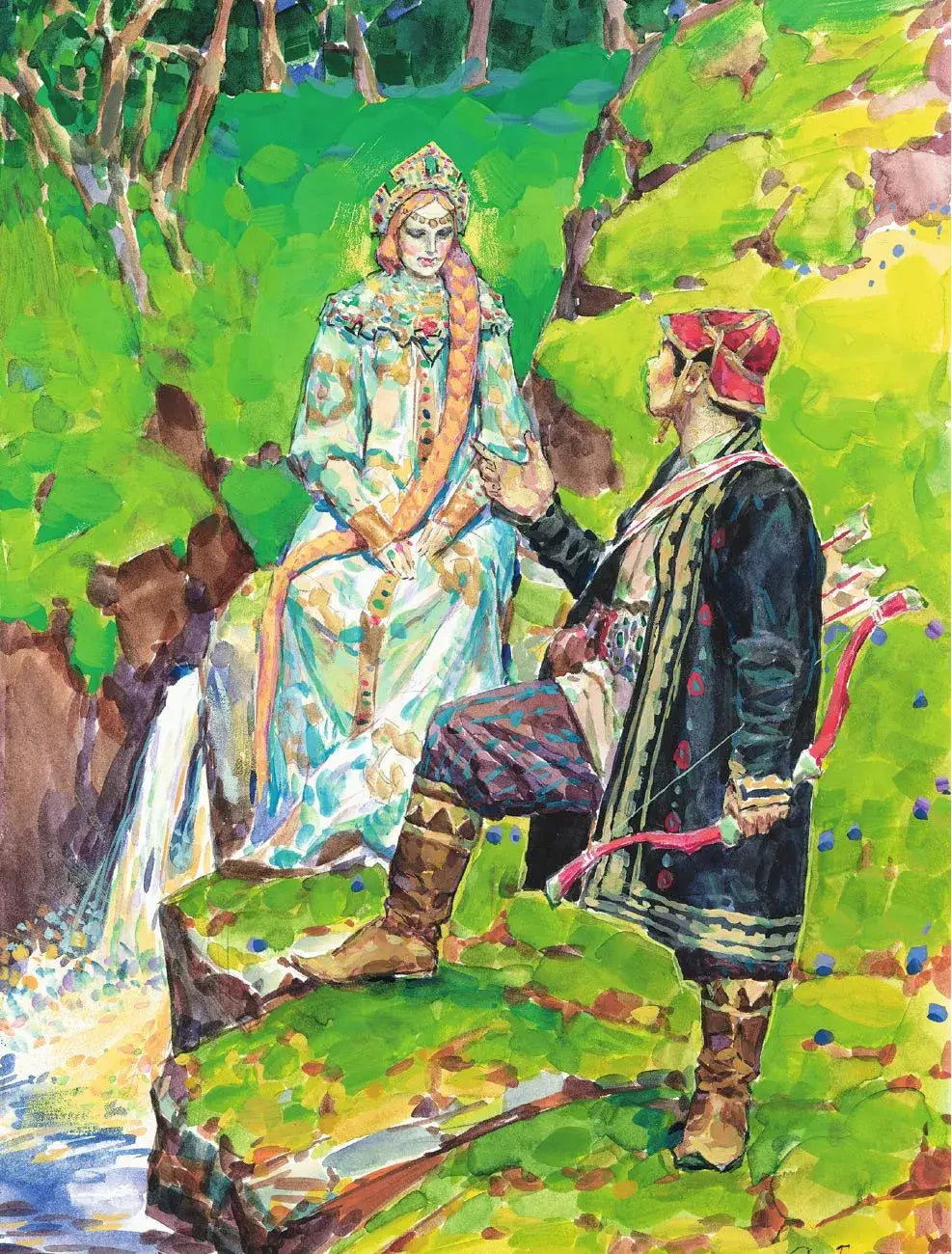 Иллюстрация: девушка в нарядном платье и мужчина у лесного ручья.