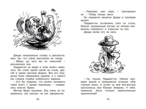 Разворот страниц 22–23 с текстом и двумя рисунками Паддингтона