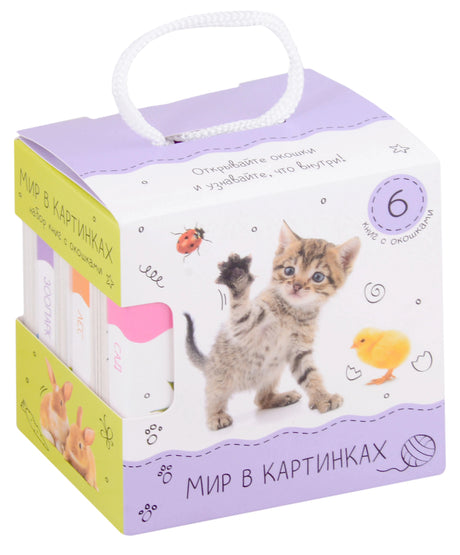 Шоубокс «Мир в картинках» — набор из 6 книг с окошками, коробка с ручкой, на обложке котёнок и цыплёнок
