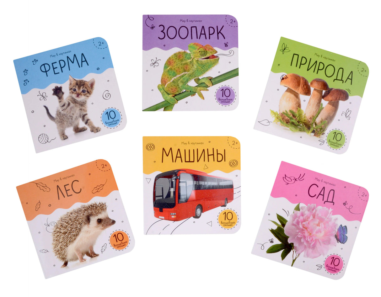 Все 6 книг набора «Мир в картинках»: Ферма, Зоопарк, Природа, Лес, Машины, Сад — на белом фоне
