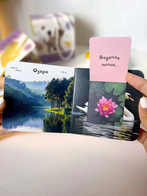 Книга «Природа» в руках: разворот с озером, открытый клапан «Водяная лилия» с фото лотоса и лебедя