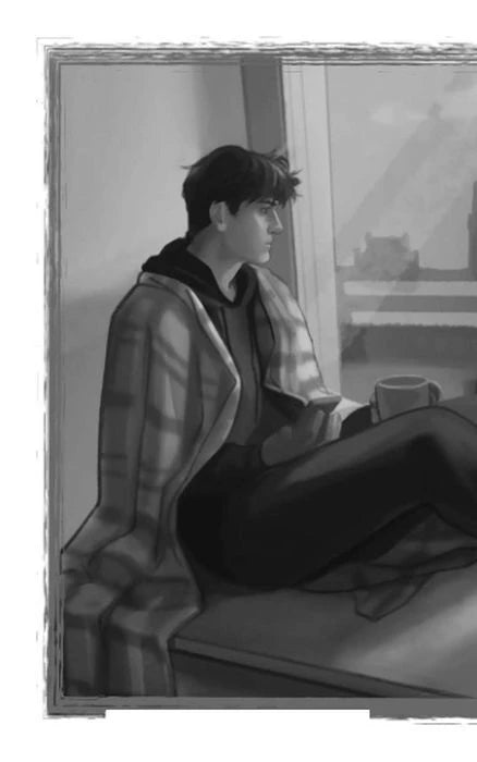 Чёрно-белая иллюстрация юноши с книгой у окна