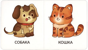 Разворот с рисунками собаки и кошки, подписями «СОБАКА» и «КОШКА»