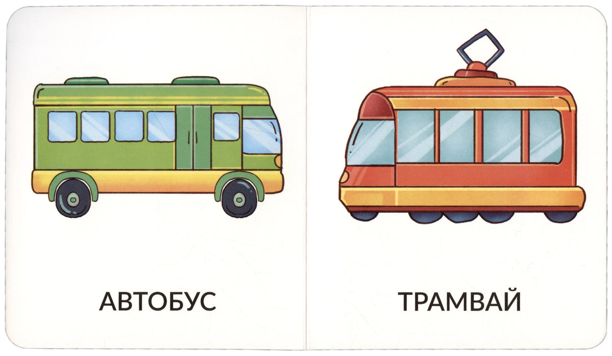 Разворот с автобусом и трамваем, подписями «Автобус» и «Трамвай»