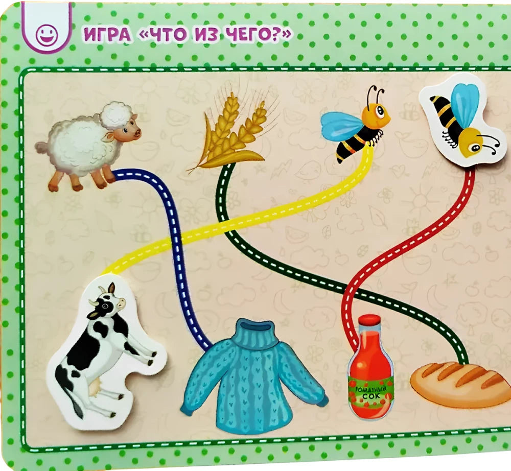 Страница игры «Что из чего?» с линиями, овцой, пчёлками и предметами.