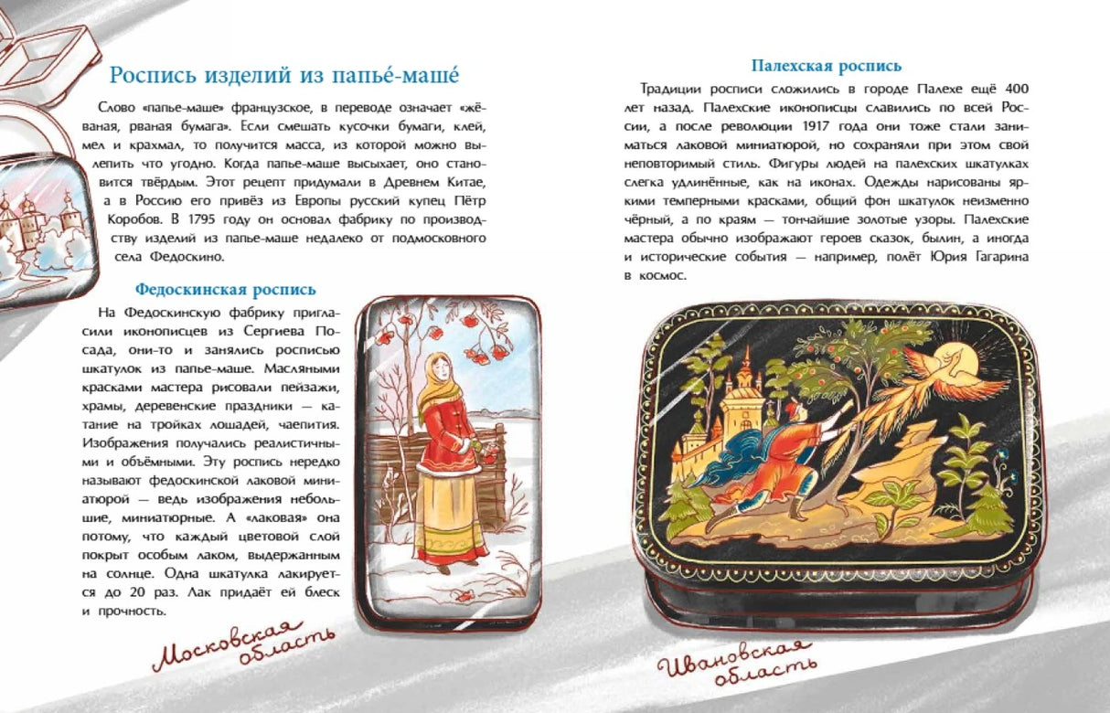 Разворот о росписи папье-маше: федоскинские и палехские шкатулки.