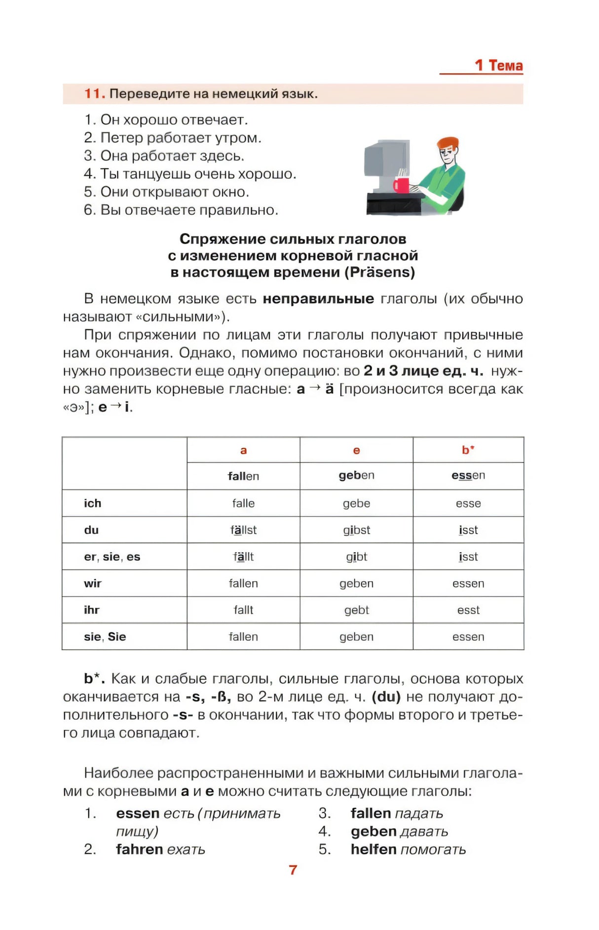 Страница 7: спряжение сильных глаголов в настоящем времени.