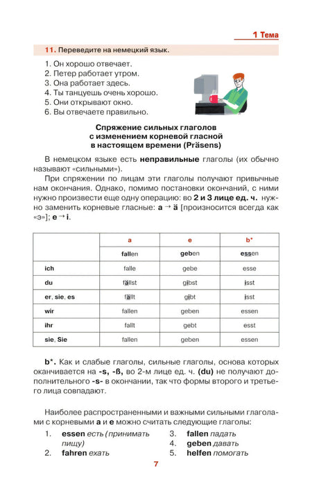 Страница 7: спряжение сильных глаголов в настоящем времени.