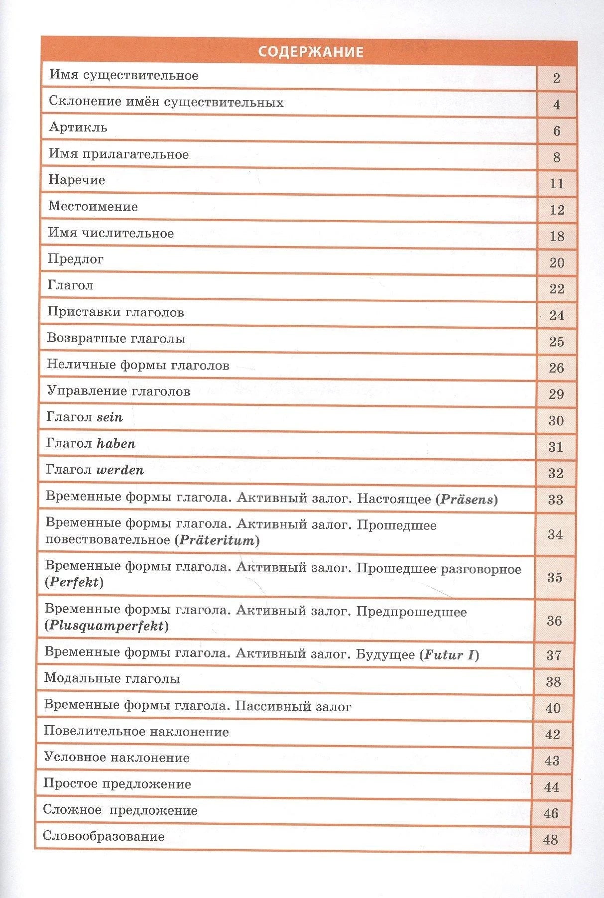 Страница содержания справочника по немецкой грамматике