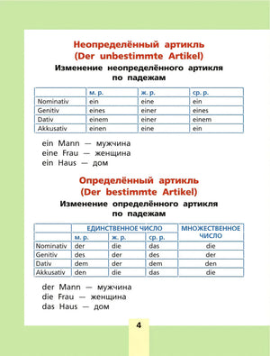 Страница 4 с таблицами неопределённого и определённого артикля