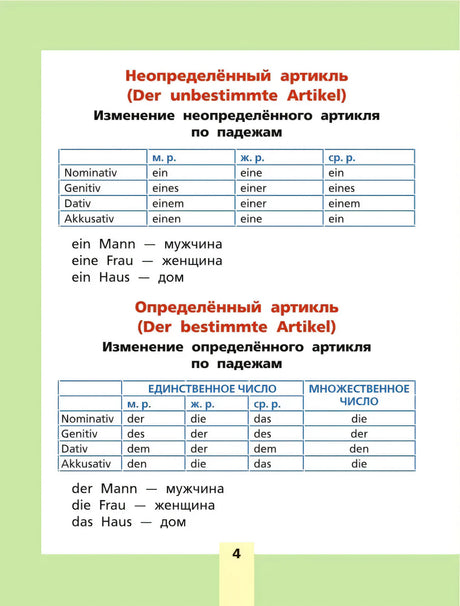 Страница 4 с таблицами неопределённого и определённого артикля