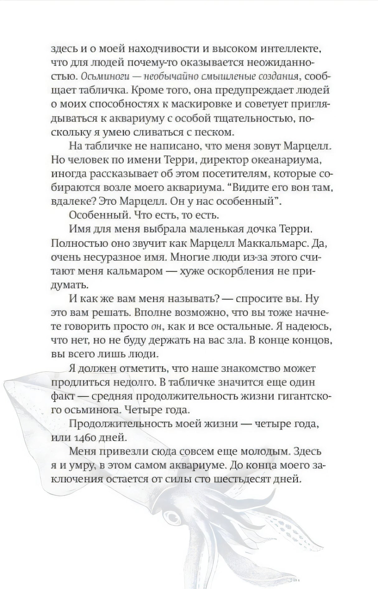Страница 12 с продолжением рассказа осьминога Марцелла и бледным рисунком осьминога.