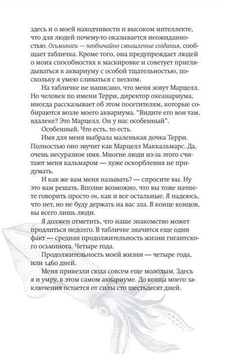 Страница 12 с продолжением рассказа осьминога Марцелла и бледным рисунком осьминога.