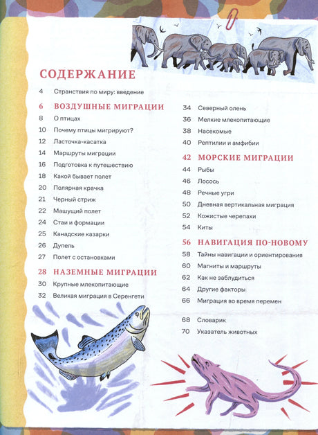 Страница содержания с разделами о воздушных, наземных и морских миграциях
