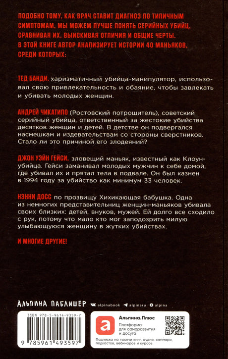 Задняя обложка с аннотацией, списком маньяков, штрихкодом и QR-кодом