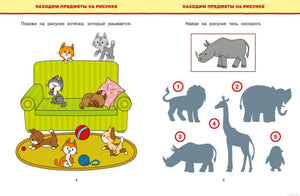 Обучающие тесты для детей 3-4 лет. Задания на нахождение предметов и их теней на картинке.
