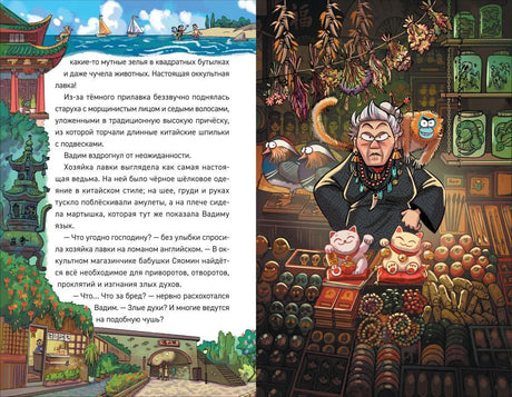 Разворот с текстом и иллюстрацией лавки заклинательницы с обезьяной.