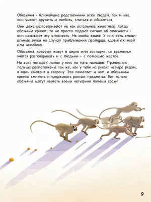 Текстовая страница об обезьянах с иллюстрацией бегущих обезьян