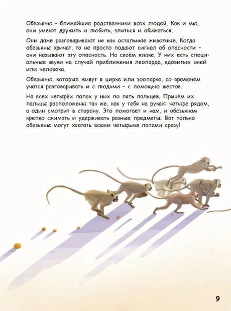 Текстовая страница об обезьянах с иллюстрацией бегущих обезьян