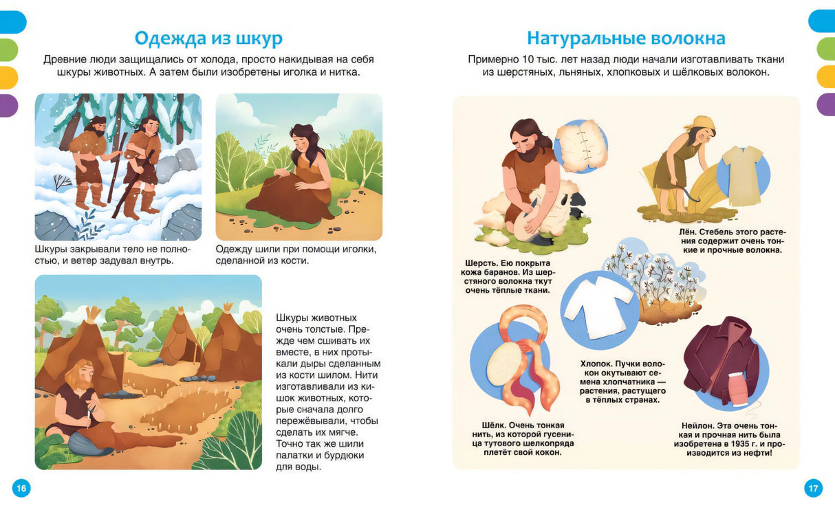 Разворот стр. 16–17 «Одежда из шкур» и «Натуральные волокна»: история ткачества и материалов