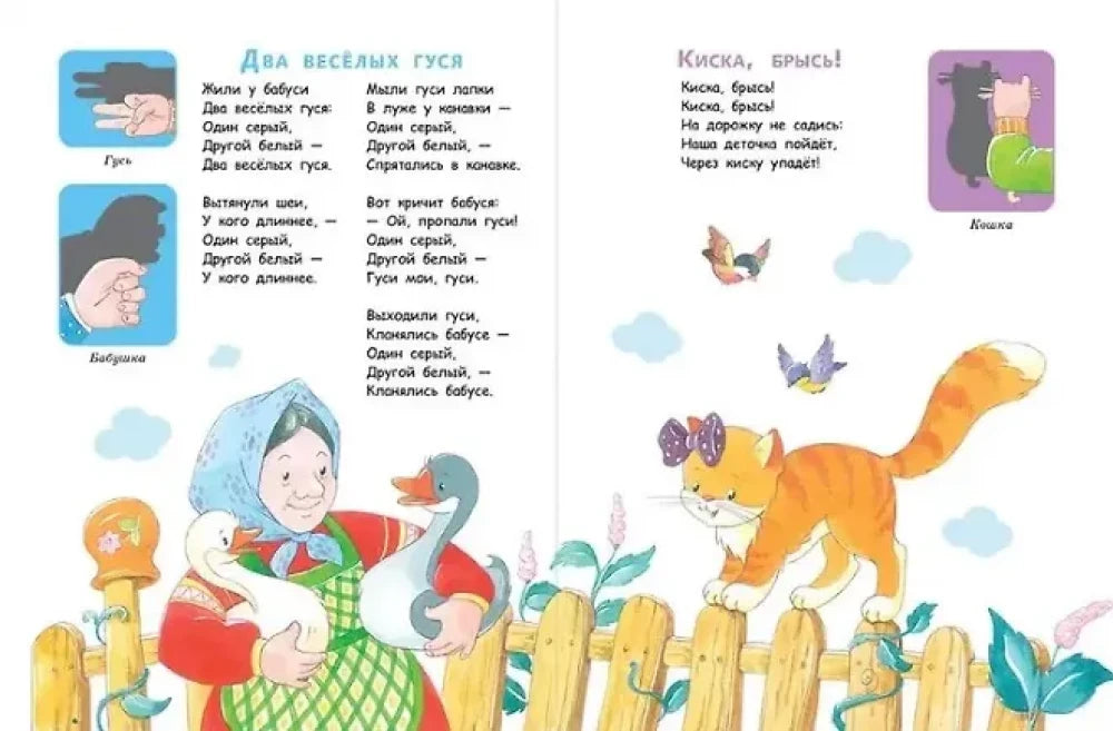 Разворот со стихами «Два весёлых гуся» и «Киска, брысь!» и иллюстрацией