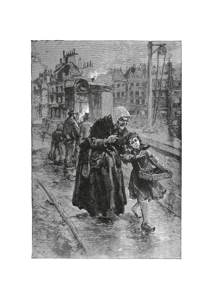 Чёрно-белая гравюра: старик и девочка на парижской улице.