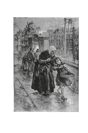 Чёрно-белая гравюра: старик и девочка на парижской улице.