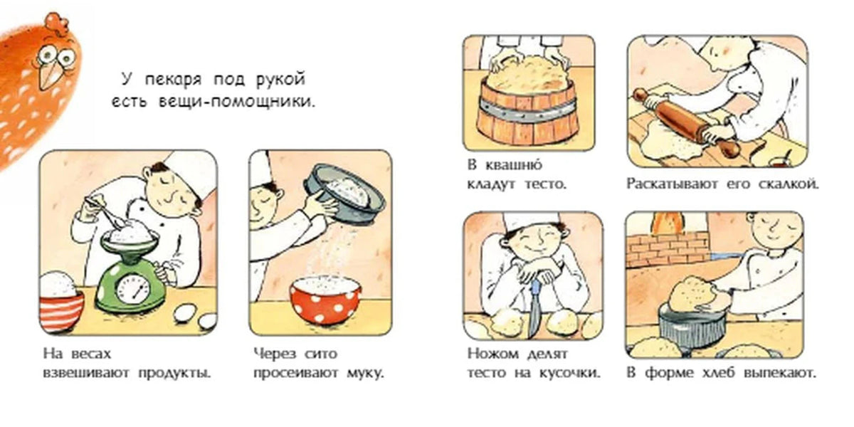 Разворот о помощниках пекаря: весы, сито, квашня, скалка, нож и форма