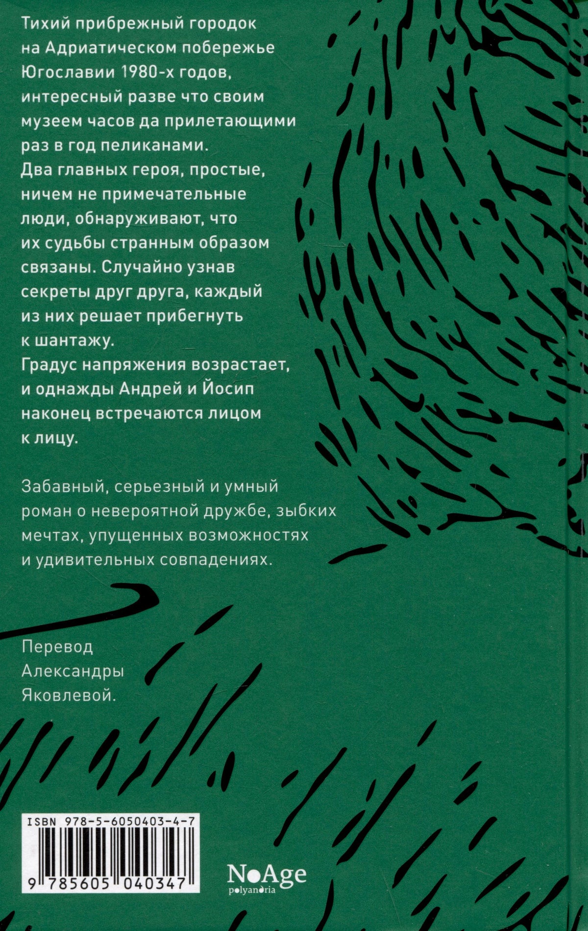 Зелёная задняя обложка с аннотацией, штриховым пеликаном и логотипом NoAge.