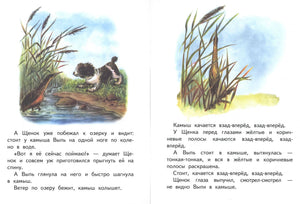 Разворот: выпь у воды, щенок на берегу и камыш, скрывающий птицу.
