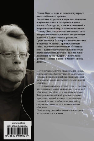 Задняя обложка книги с портретом Стивена Кинга, аннотацией и штрихкодом