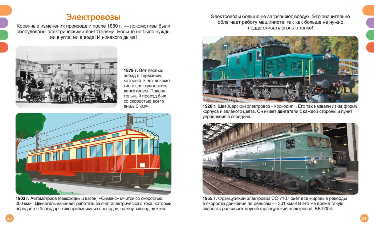 Разворот стр. 20–21 «Электровозы»: история электрических локомотивов с 1879 по 1955 г., фото и иллюстрации.