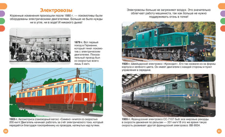 Разворот стр. 20–21 «Электровозы»: история электрических локомотивов с 1879 по 1955 г., фото и иллюстрации.
