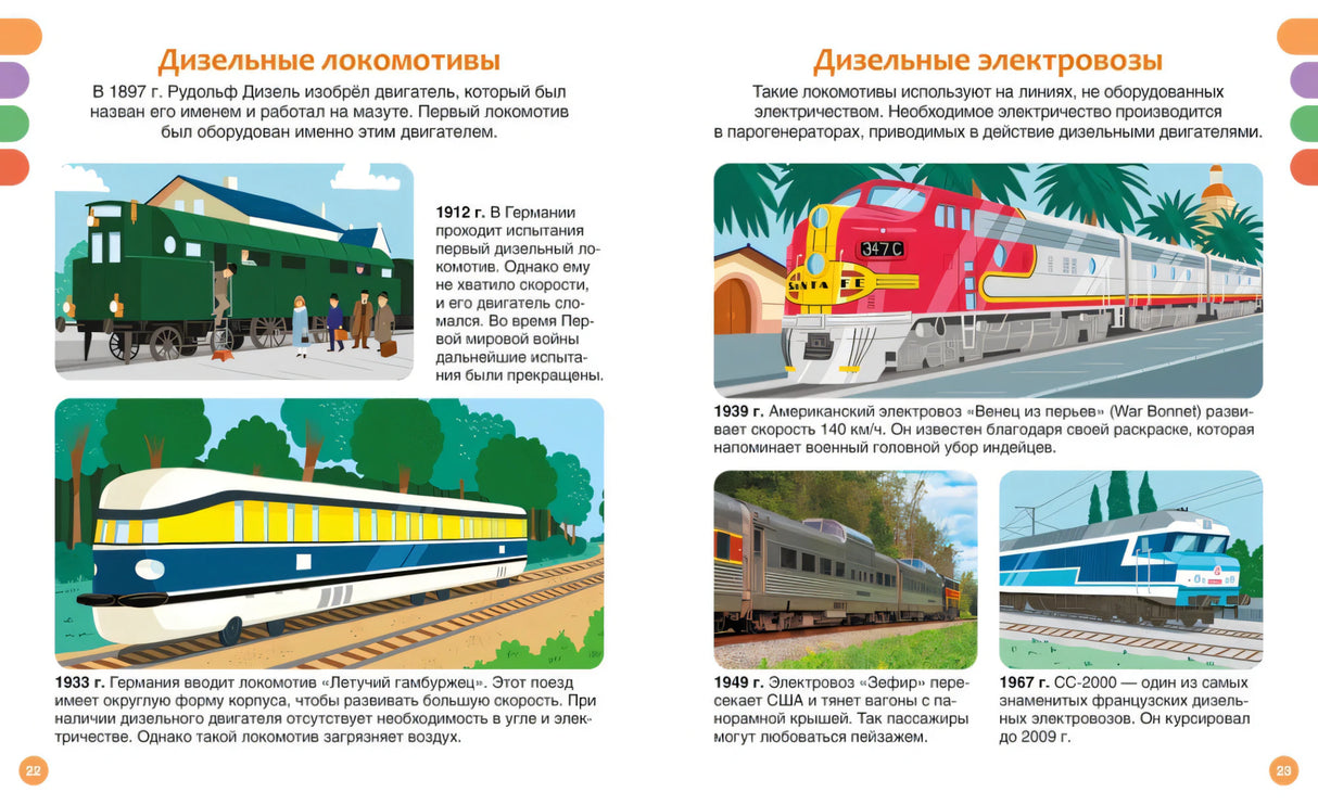 Разворот стр. 22–23 «Дизельные локомотивы» и «Дизельные электровозы»: история дизельной тяги, иллюстрации и фото поездов.