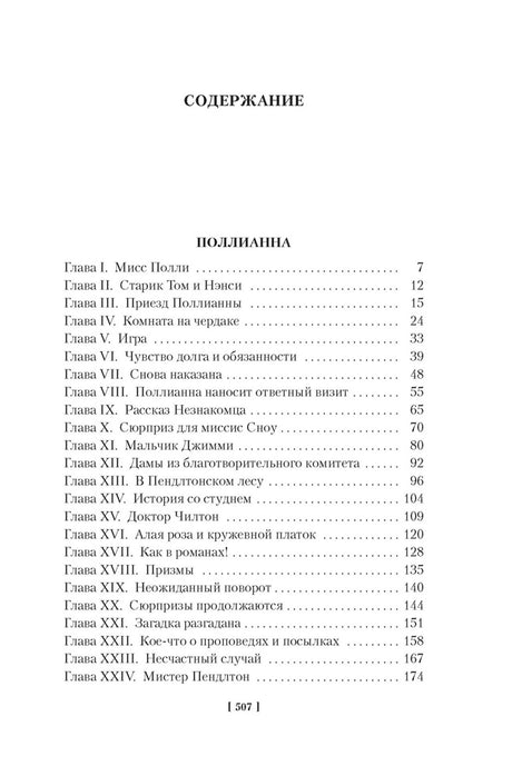 Страница содержания романа «Поллианна», главы I–XXIV