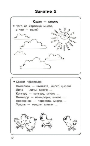Страница 10: задание «Один — много» и упражнение с цыплятами