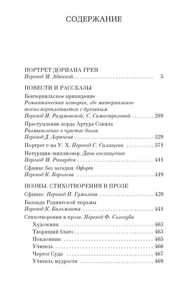 Страница содержания с романом «Портрет Дориана Грея» и другими произведениями Уайльда.