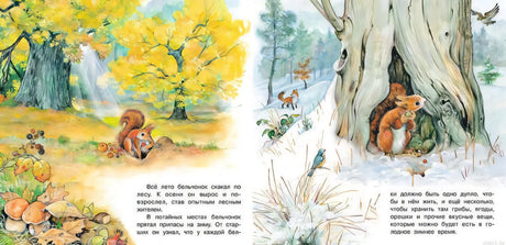 Развернутая страница книги "Приключения бельчонка": бельчата в дупле