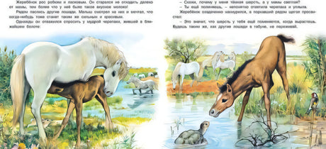 Иллюстрация из книги "Приключения жеребенка". Жеребенок с мамой на берегу реки.