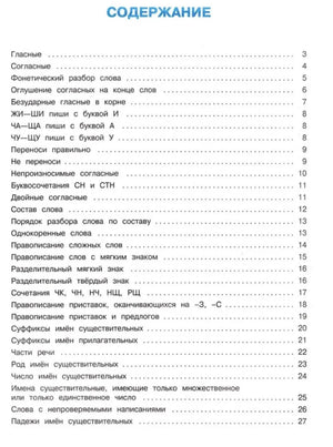 Первая страница содержания с разделами по русскому языку