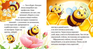 Разворот с пчёлами у сот и на цветке, с текстом сказки